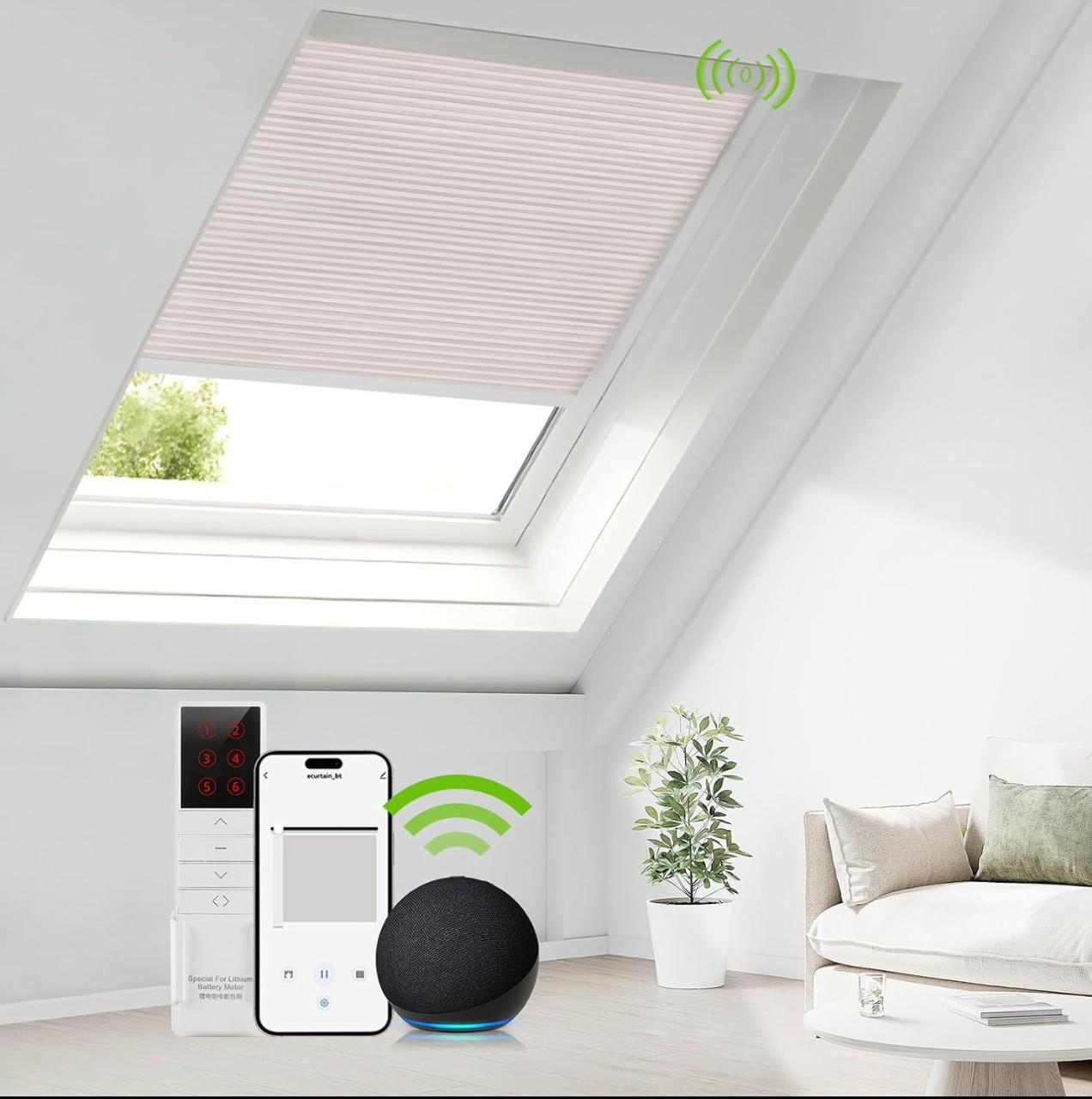 White motorised skylight blind fitted to a roof window in a bright modern Coimbatore room