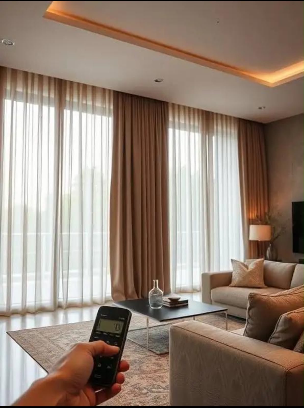 Motorised curtains closing across a wide living room window, operated by remote in Coimbatore