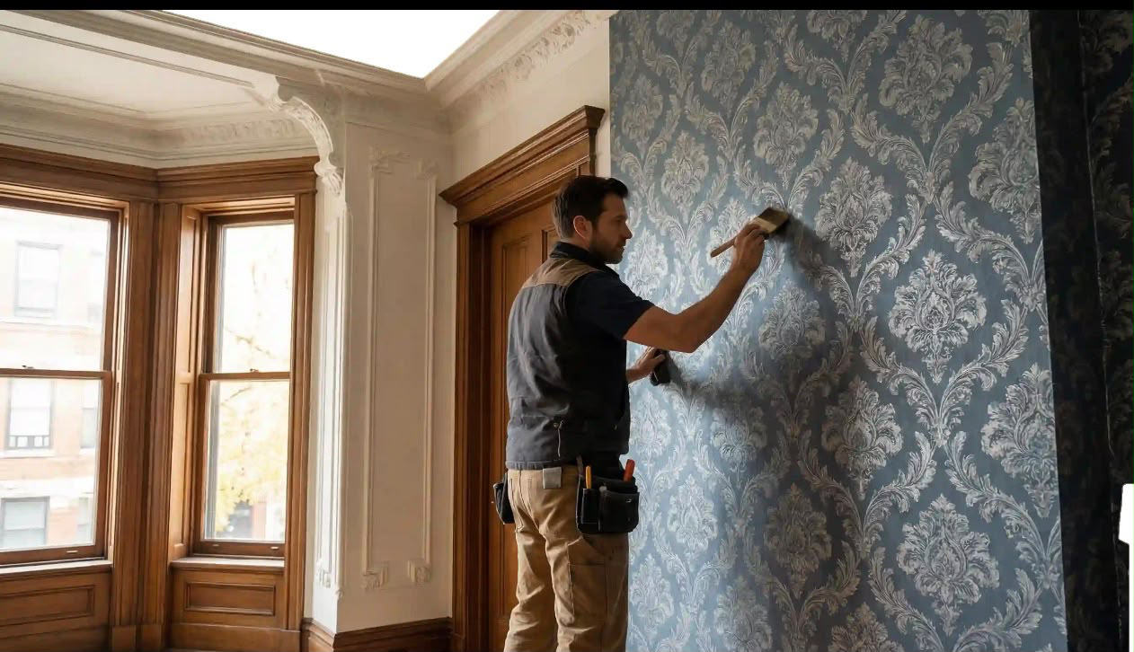 Damask patterned wallpaper installed on a feature wall of a Coimbatore home