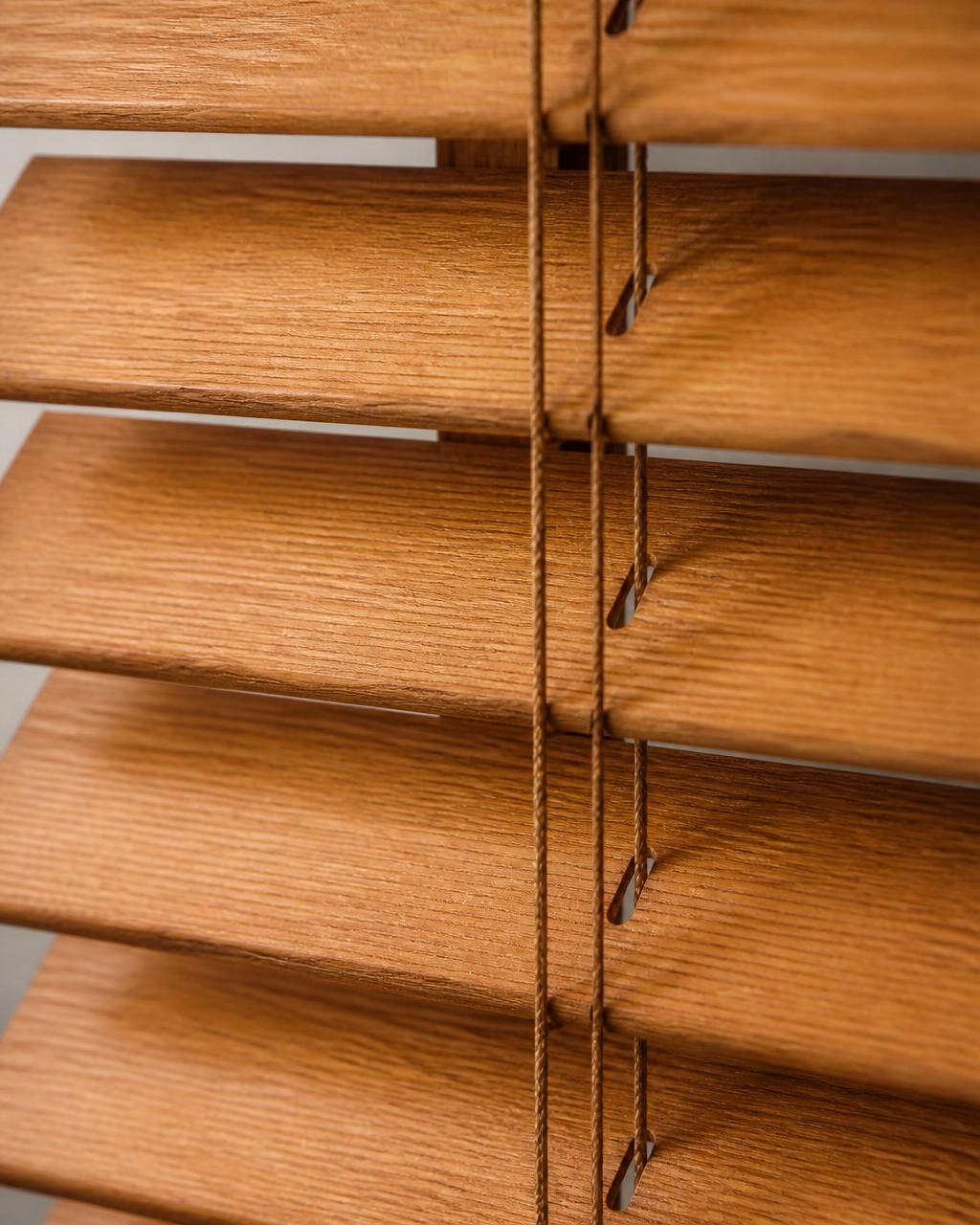 Wooden blinds in a Coimbatore home study with warm timber slats