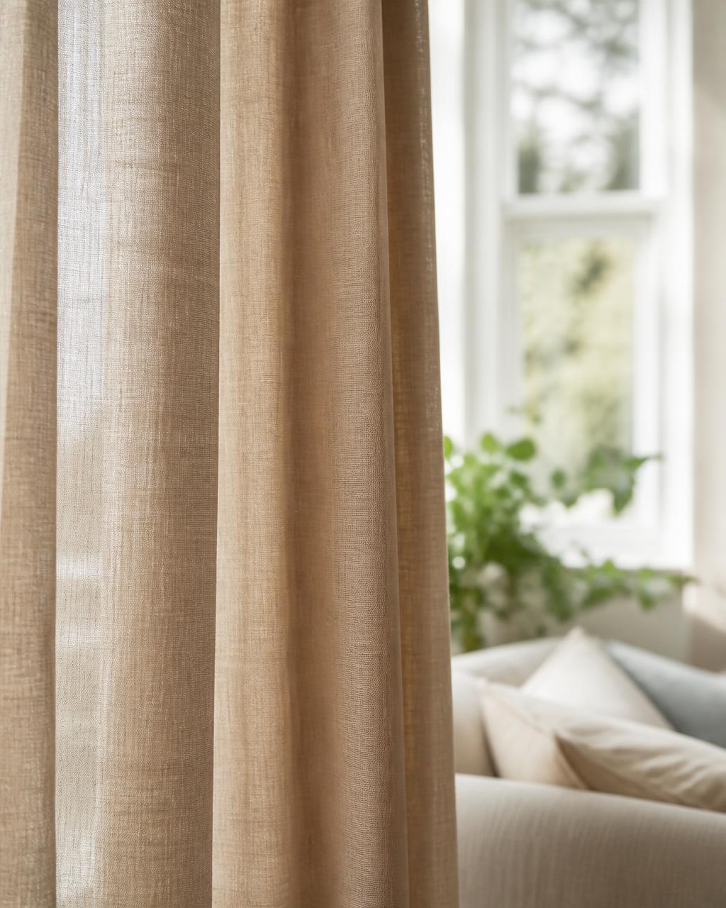 Linen curtains with pinch pleat heading in a Coimbatore home