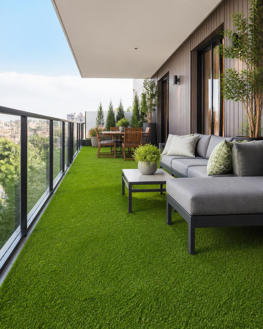Artificial grass laid on an apartment balcony floor in Coimbatore