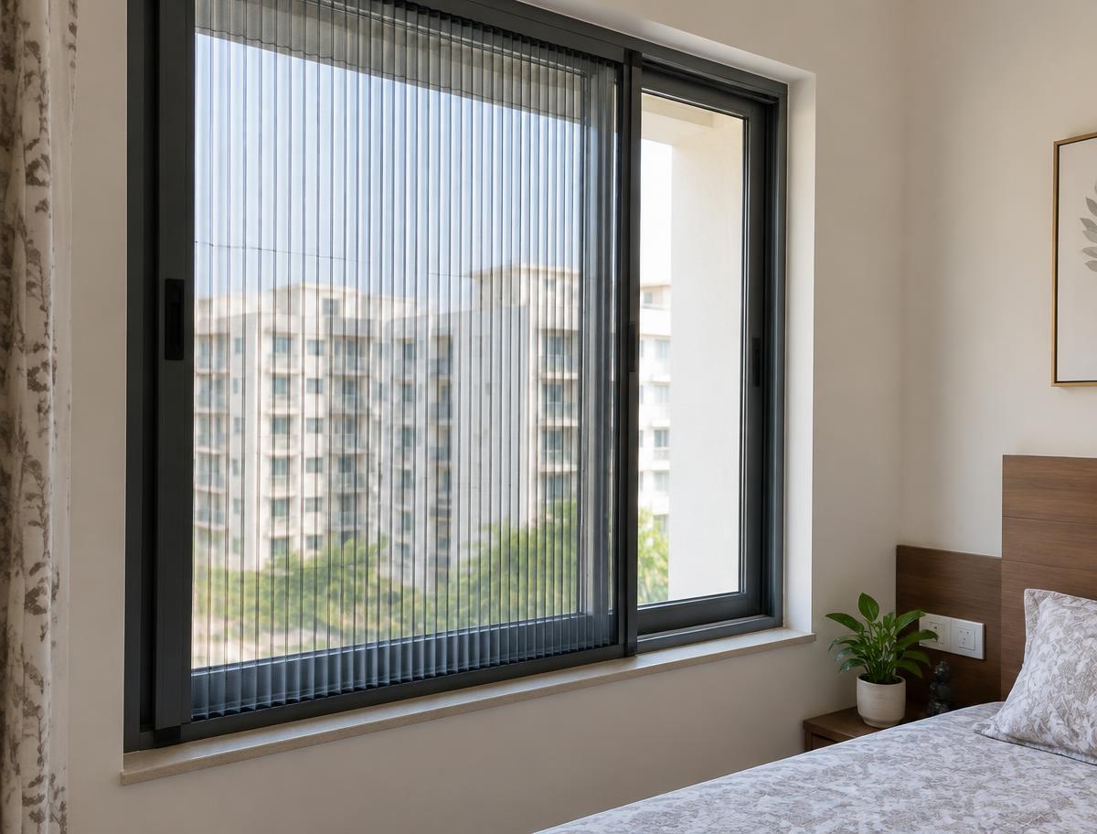 Pleated mosquito net screen fitted to a bedroom window frame in a Coimbatore apartment
