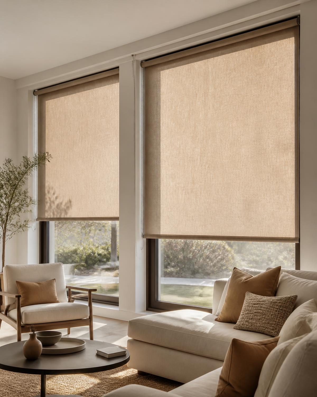 Zebra and roller blinds fitted to living room windows in a Coimbatore home
