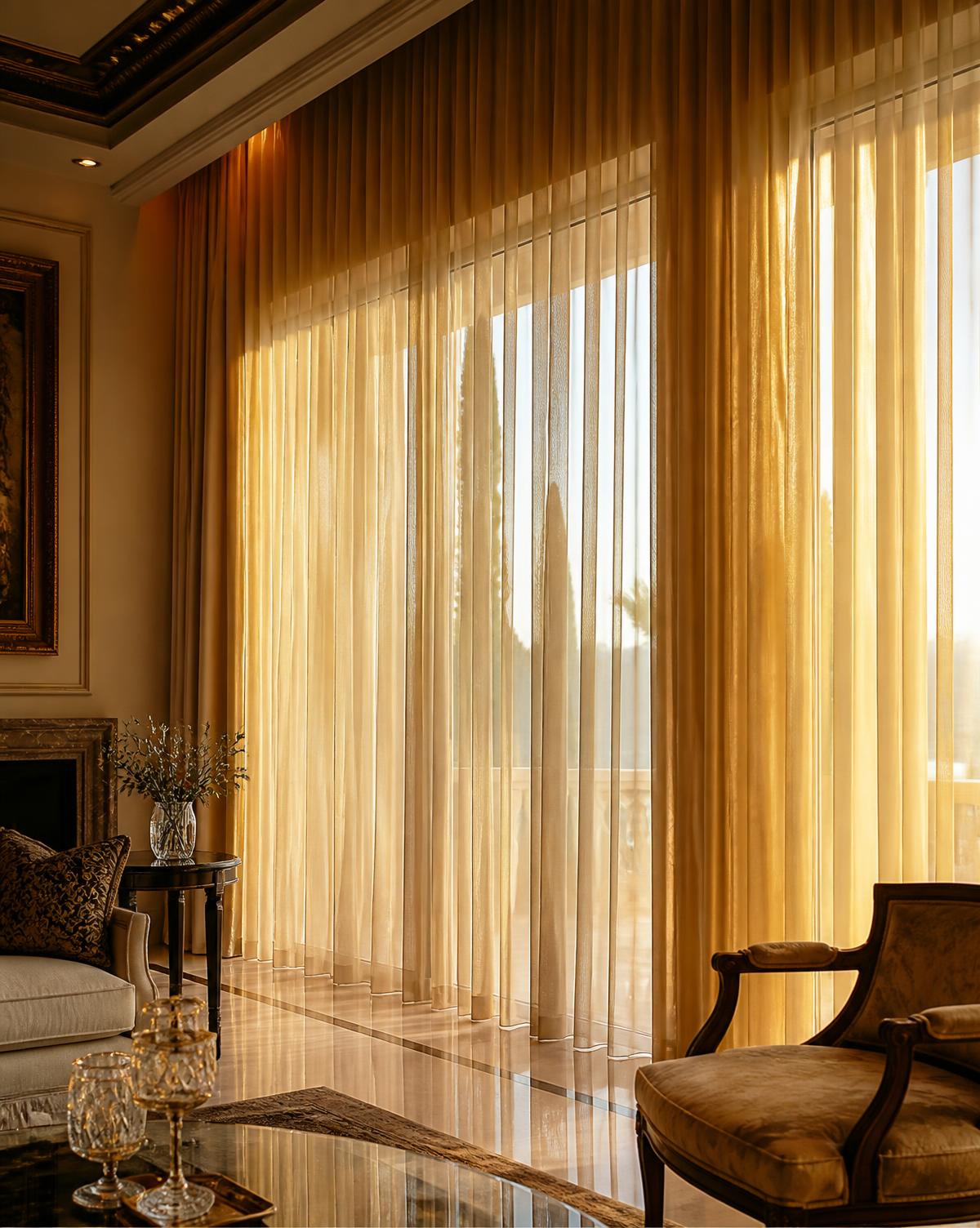 Custom stitched sheer and blackout curtains hanging on a living room window in Coimbatore