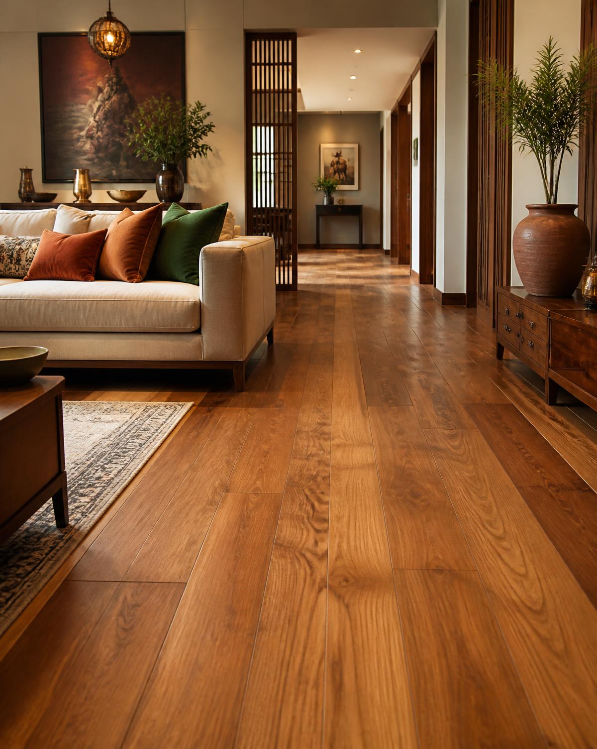 Engineered wooden flooring planks laid in a Coimbatore living room