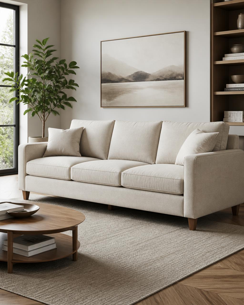 Custom three seater sofa in cream upholstery fabric in a Coimbatore living room