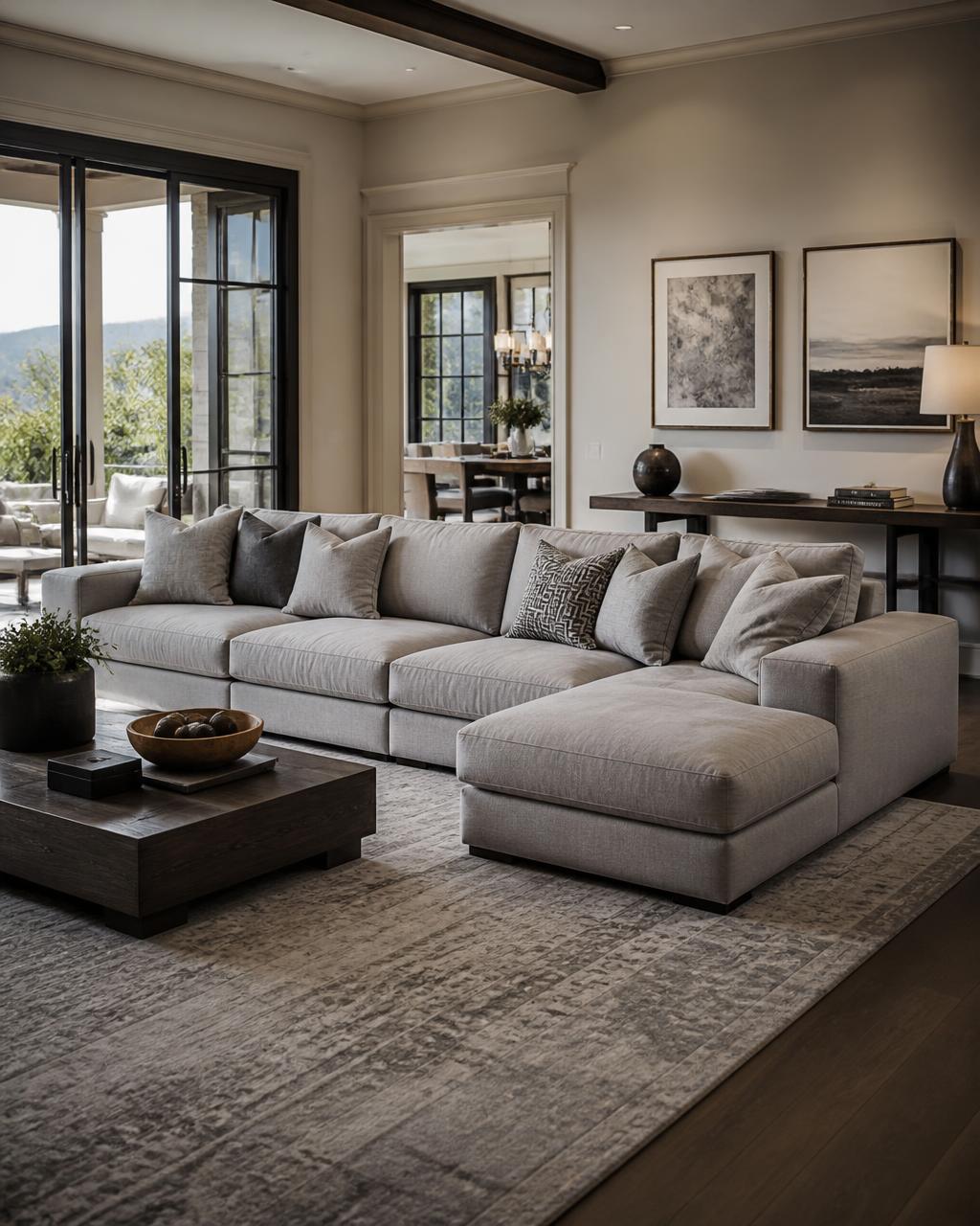 L-shape corner sofa with fresh upholstery in a modern Coimbatore apartment