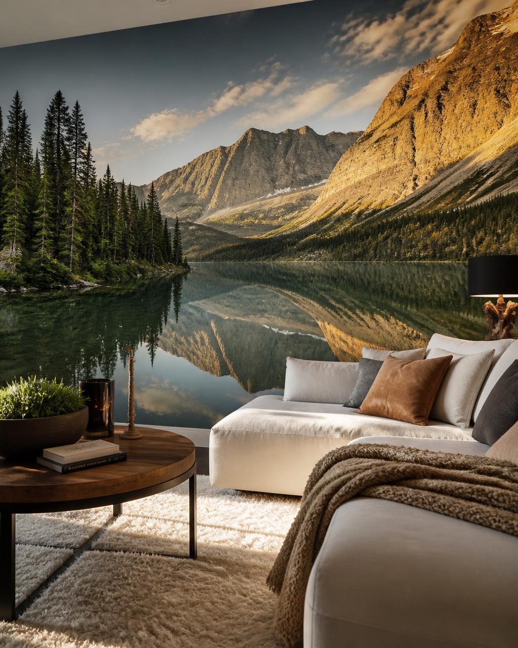 Customised photo mural wallpaper covering a living room wall in Coimbatore